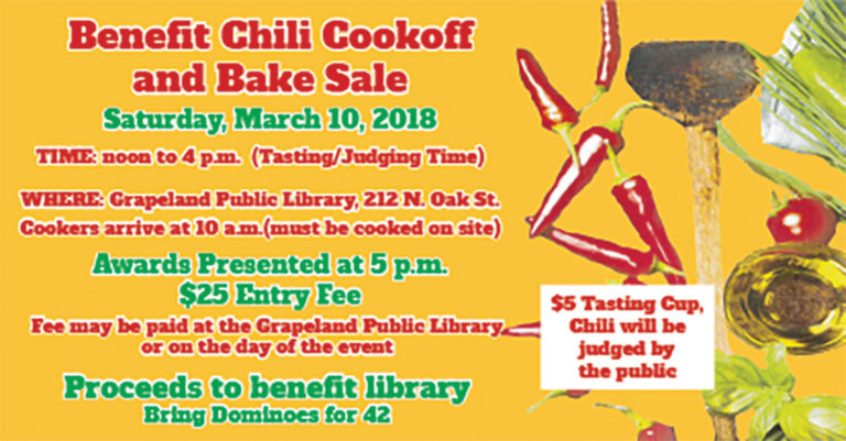 Grapeland Public Library to Host Chili Cook-off, Bake Sale